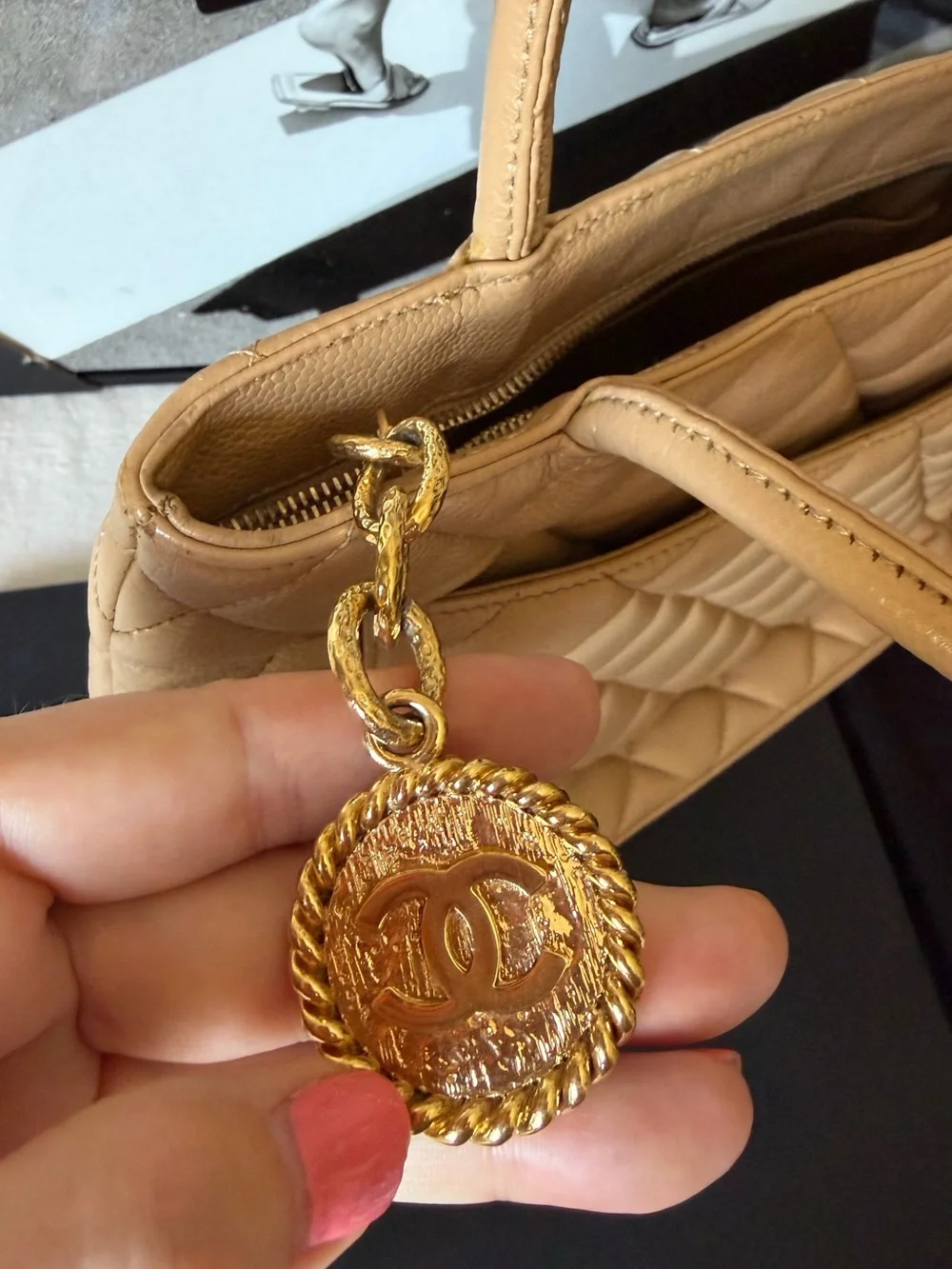 CHANEL Medallion Tote Bag Beige Caviar Leather Large CC Logo